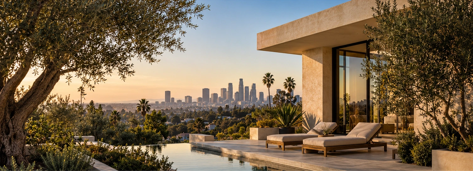 Contemporary Los Angeles residence with warm limestone architecture, mature olive trees, and landscaped outdoor living space